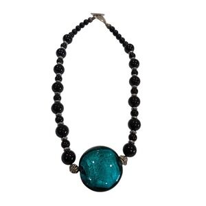 Art Glass Statement Necklace Teal Foil Pendant Black Beads Toggle‎ Clasp